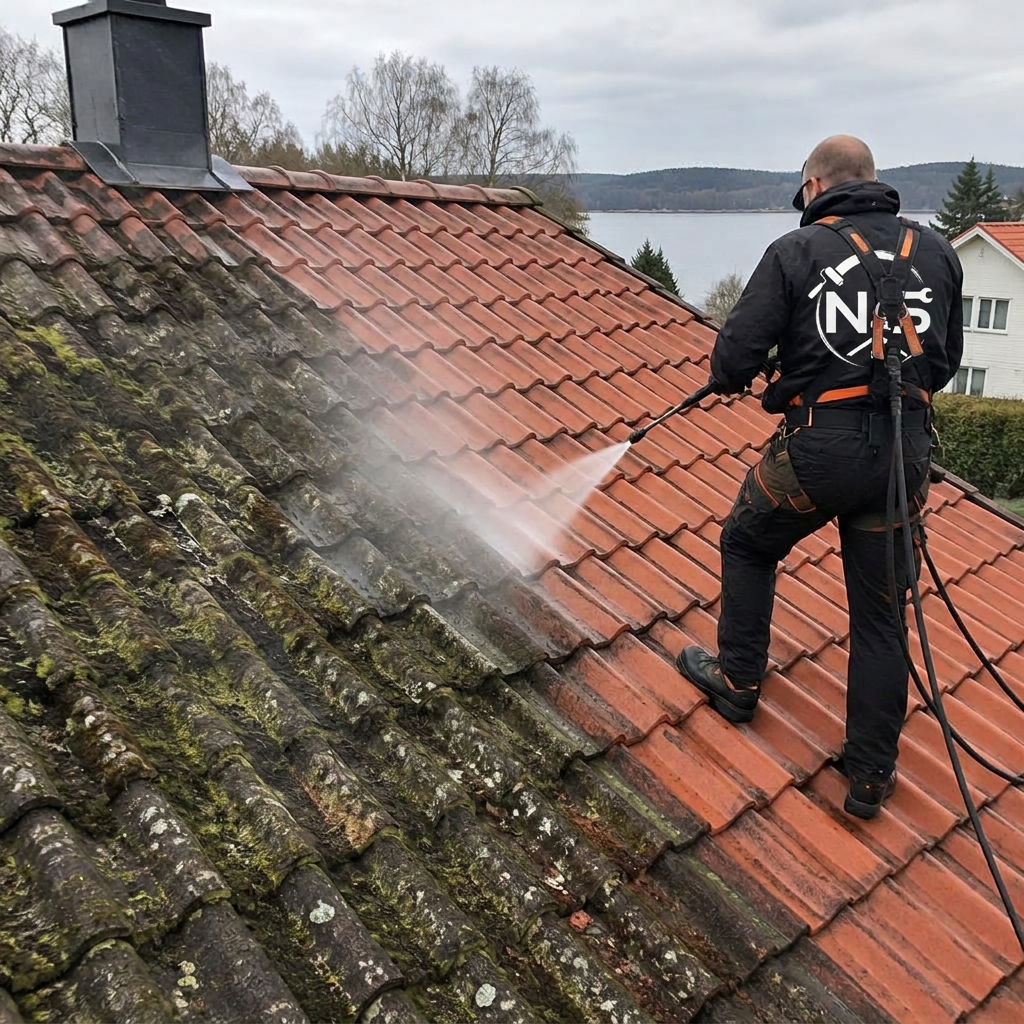 Hantverkare från N&S Hantverkare tvättar ett tegeltak med högtryckslans i Skåne